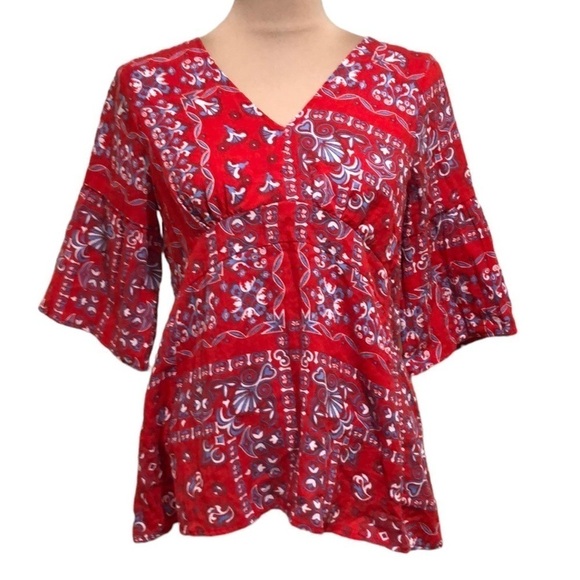 Anthropologie Skies Are Blue Blouse Size Small Red Bandana Print Bell Sleeve - Picture 1 of 9